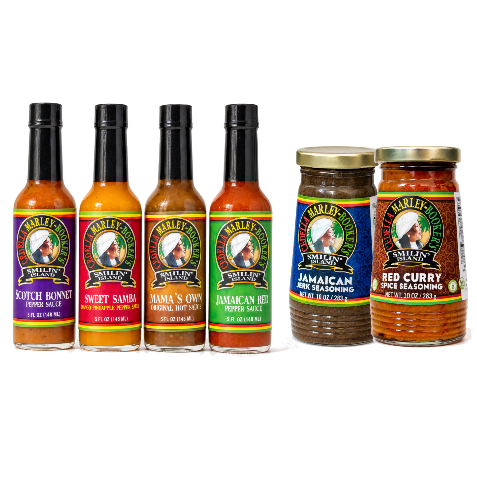 Smilin Island six-product Caribbean sauce and seasoning collection on white background